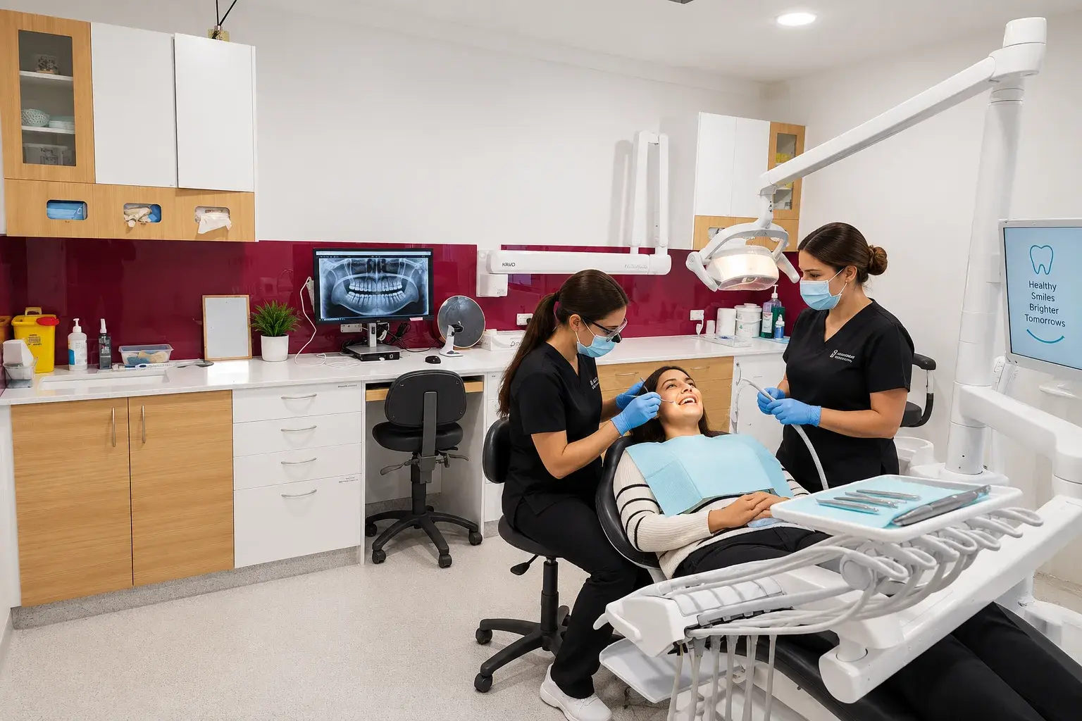 A treatment room at Hocking Dental Care, with a dentist and an assistant beside the chair and an X-ray on the screen