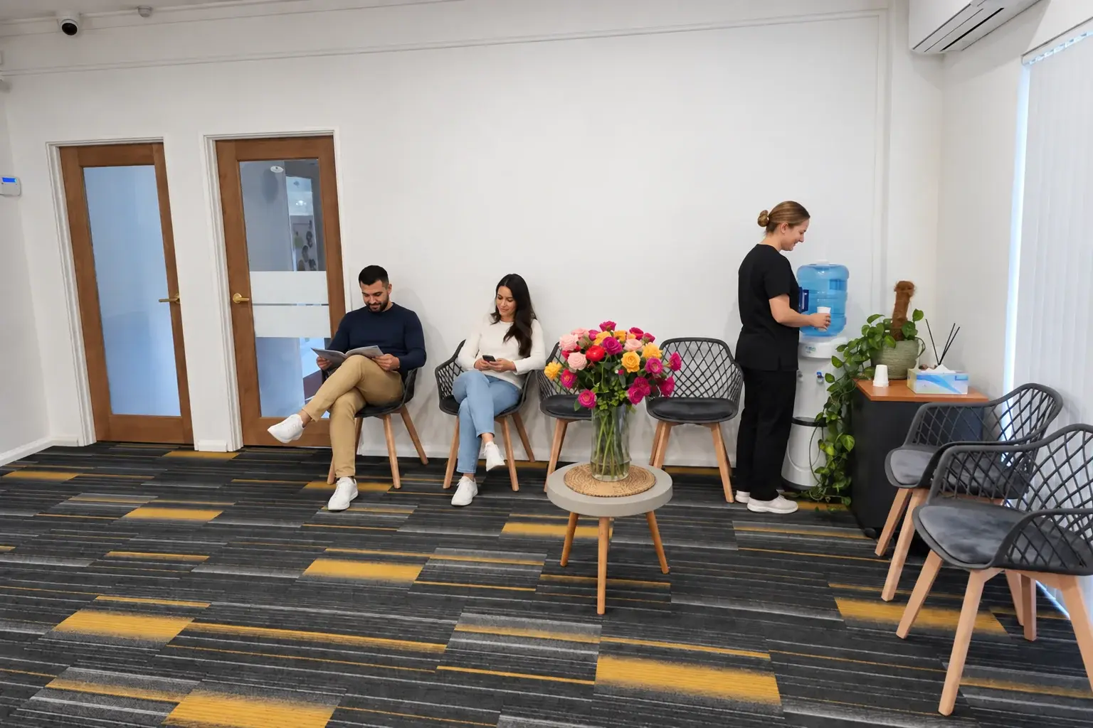 The waiting room at Hocking Dental Care, with chairs along the wall, a water cooler and flowers on a side table
