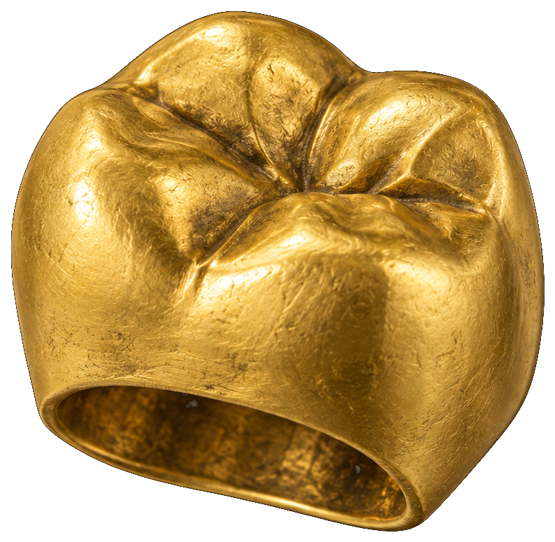 A dental crown cast in brass