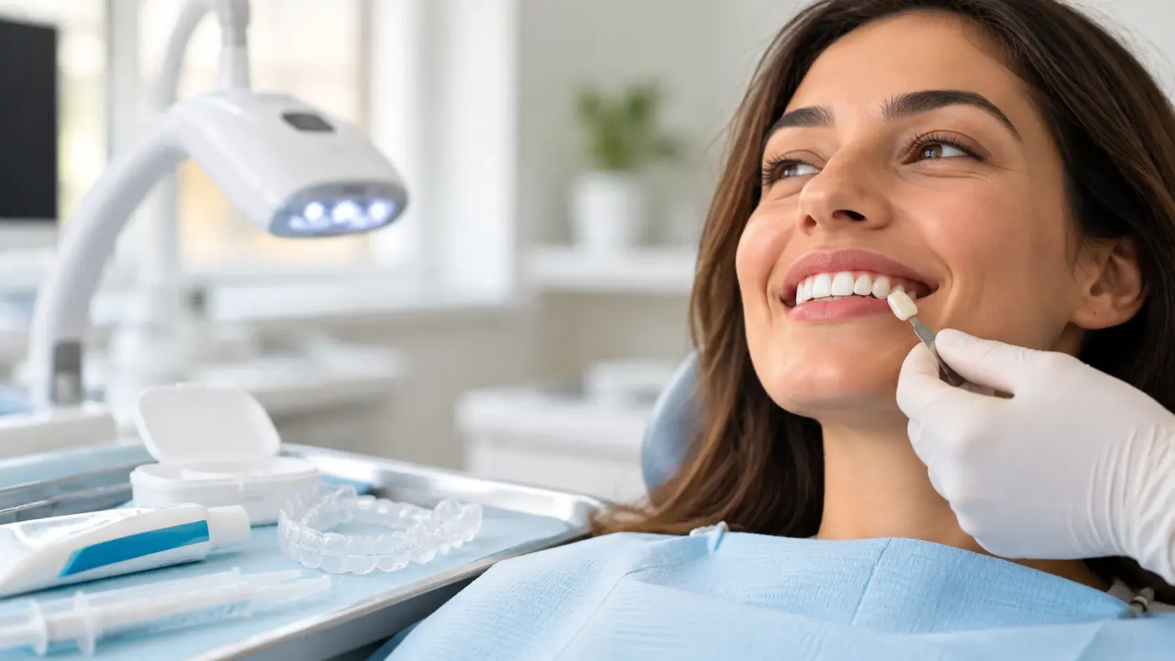 A smiling woman in a dental chair having her tooth shade checked against a shade guide, with whitening trays beside her