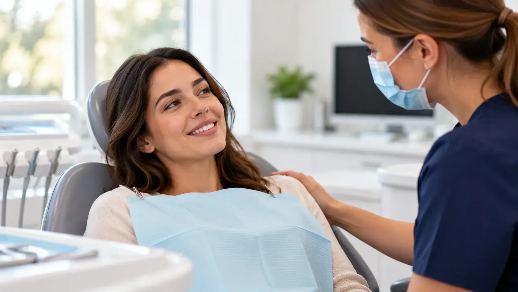 A dentist resting a reassuring hand on the shoulder of a smiling woman in a dental chair
