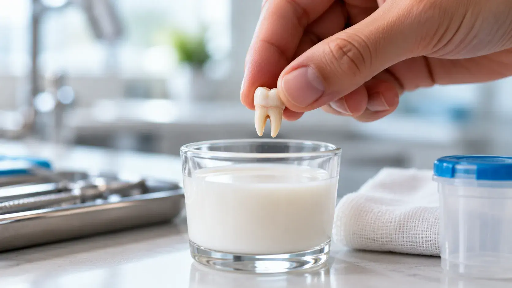 A knocked-out tooth being placed into a glass of milk to keep it moist on the way to the dentist