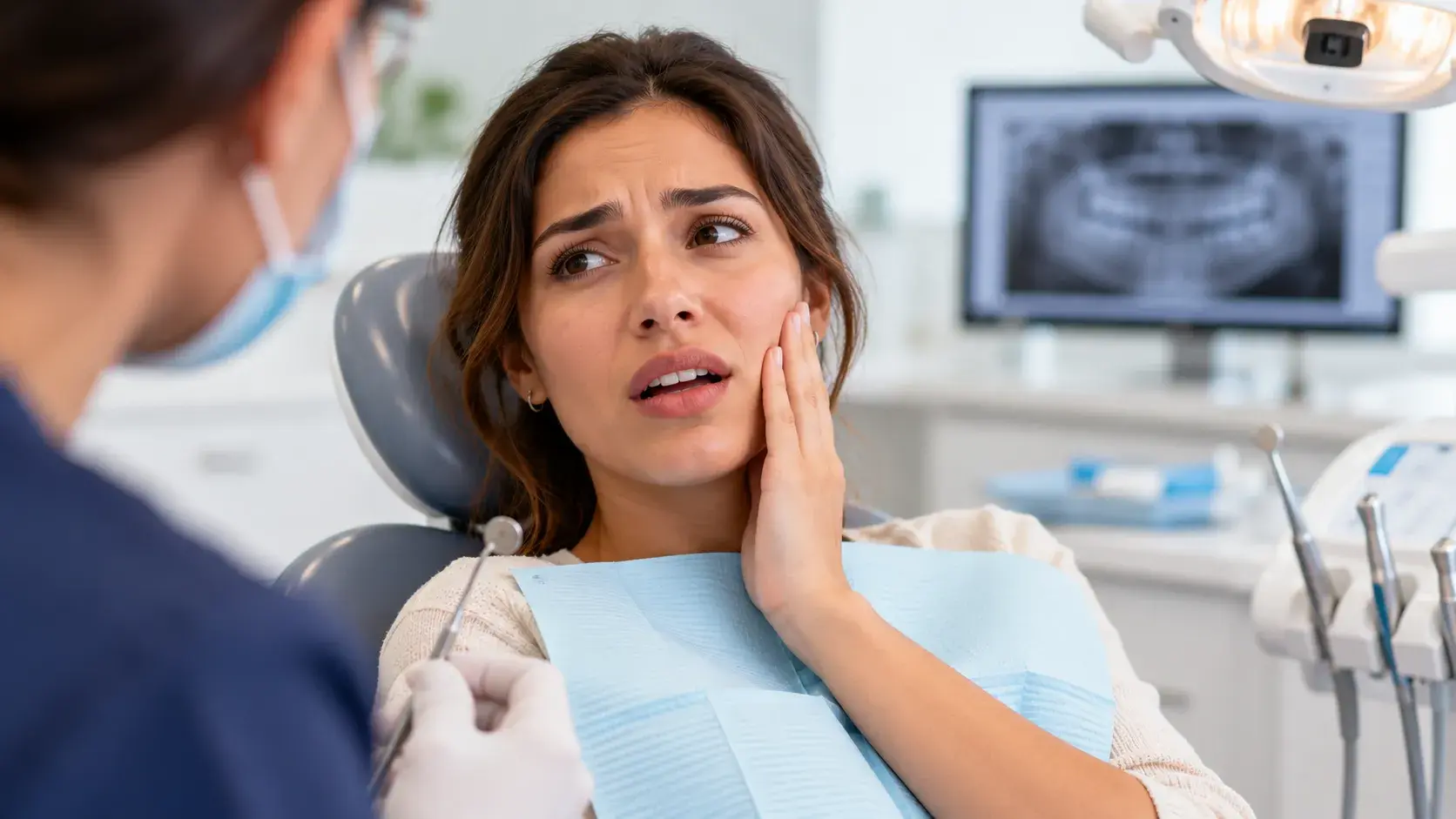 A worried-looking woman in a dental chair, holding her cheek as a dentist prepares to examine her