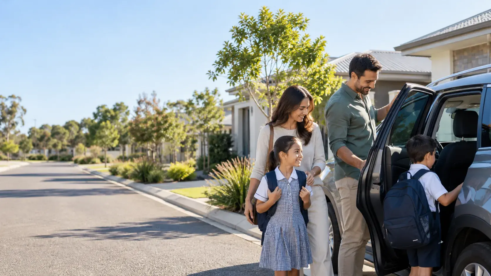 A family car parked on a quiet street in Hocking on a sunny morning, a school bag on the back seat.