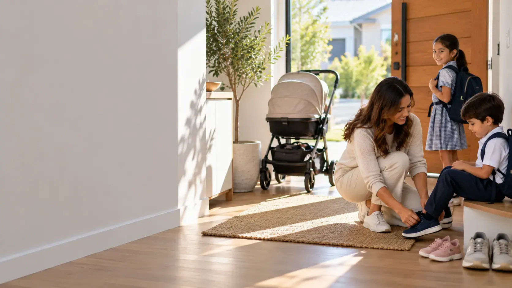 A hallway in a new Wanneroo-area family home with a pram, small school shoes and an adult's sneakers by the door.