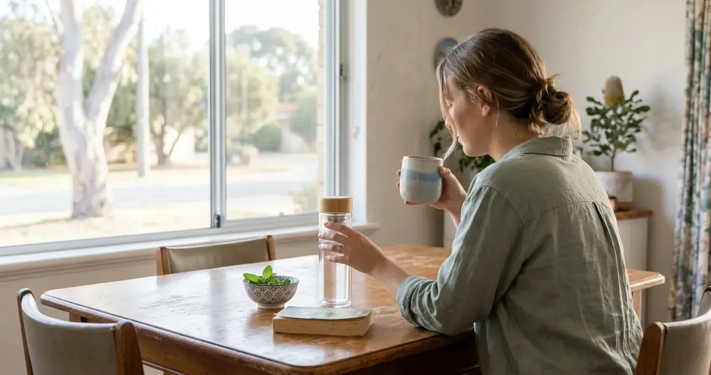 A woman drinking from a mug at a wooden dining table by a sunny window